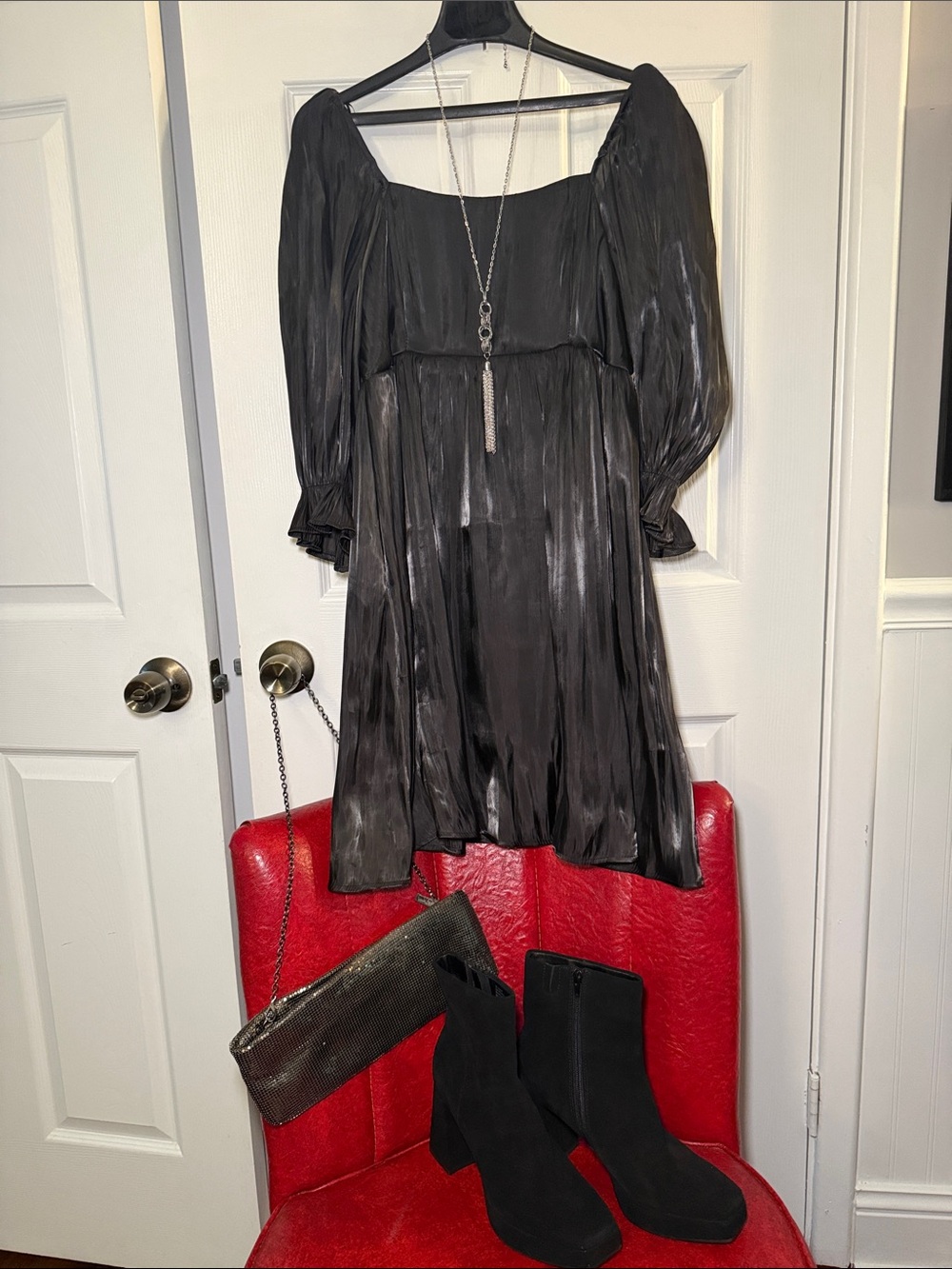 Baltic Born Satin Babydoll Dress XL NWT Charcoal Gray Square Neck Flowy Boho